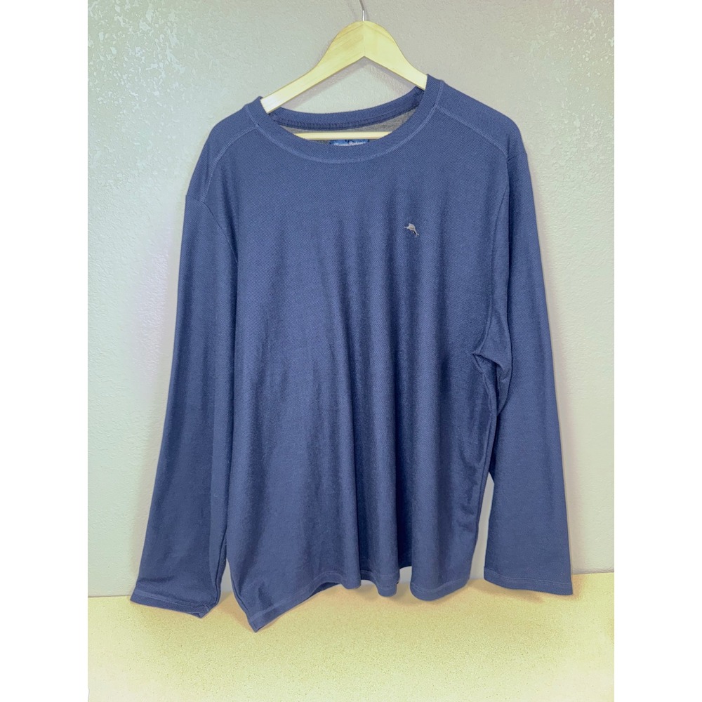 Tommy Bahama Mens XXL Blue Waffle Knit Long Sleeve Crew Neck Marlin Logo Shirt